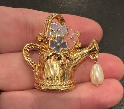 Avon Pin Friendship in Bloom Gold Tone Enamel Flowers Watering Can Pearl Read