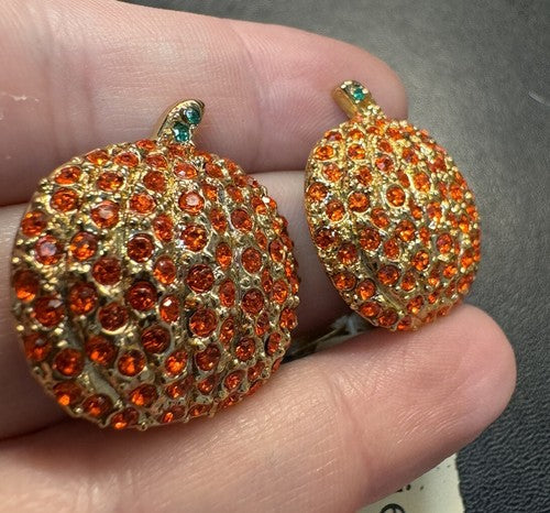 Vintage Majestic PUMPKIN EARRINGS Rhinestone Crystals Halloween Fall