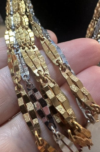 Vintage Faceted Etched Metal Chain Necklace Multi Strand Gold Silver Tone