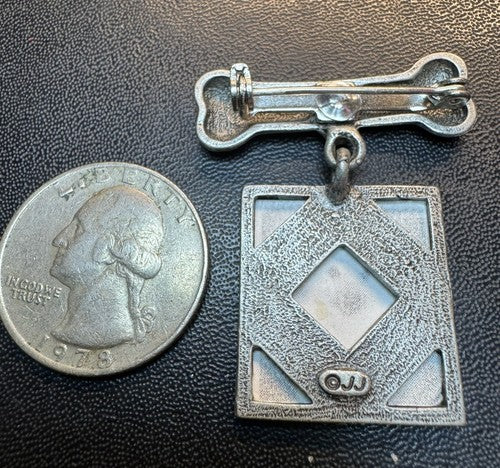 Vintage Signed JJ Dog Photo Frame With Bone Silver Tone Brooch Pin Jewelry