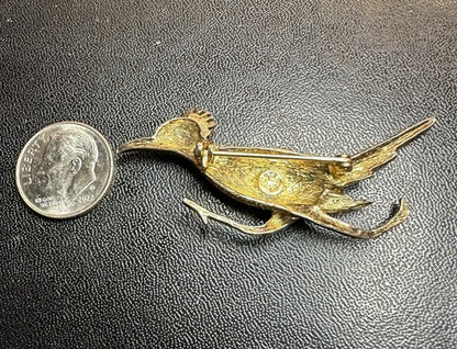VINTAGE ROAD RUNNER STERLING SILVER 925 BROOCH PIN RETRO GOLD TONE