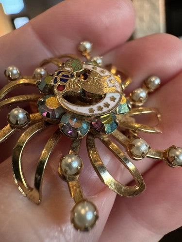 Vintage Odd Fellows Daughters Of Rebekah Brooch Pin Pearl AB Rhinestone IOOF