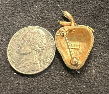 Crown Trifari Strawberry Brooch Textured Gold Tone Tiny 1" Pin