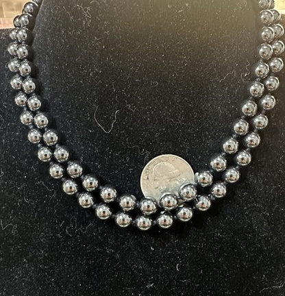 Vintage Hematite Beaded Double Strand Choker Necklace Signed 16.5” 116g