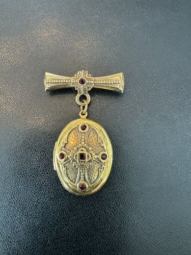 The Vatican Library Collection Gold Bar Locket Dangle Brooch Pin Red Crystals