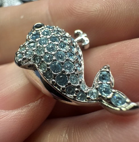Swarovski (Signed) Silver Encrusted With Blue Crystals Whale Lapel Pin/Tie Tac