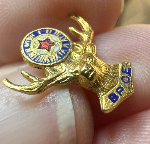 Antique Elks Lodge Gold Tone Screw Back Button Pin BPOE