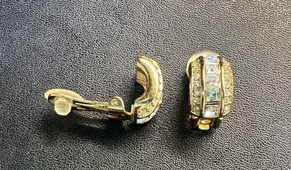 Christian Dior Vintage Clip Earrings Gold Chunky Half Hoop Rhinestone 80s
