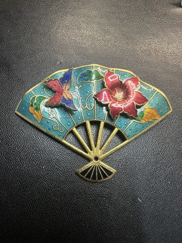 Vintage Goldtoned Cloisonne Style Enamel Painted Fan with Red Flowers Brooch Pin