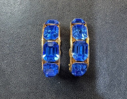 VTG Vendome Clip Earring Signed Stunning Blue Rhinestone Hoops Gold