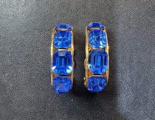 VTG Vendome Clip Earring Signed Stunning Blue Rhinestone Hoops Gold