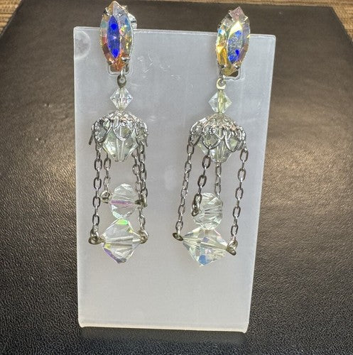 Lewis Segal Vintage Earrings Chandelier Aurora Borealis Statement Clip On