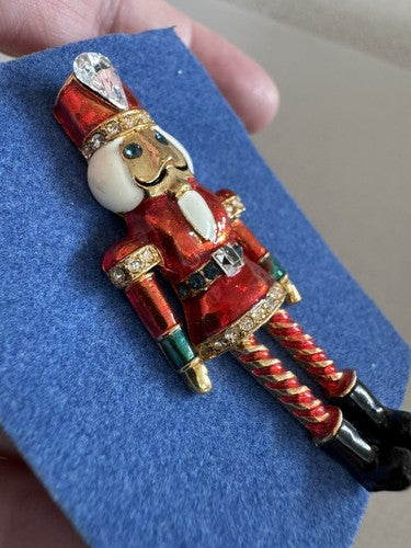 Avon Nutcracker Articulated Pin Red Enamel Rhinestone Toy Solider Brooch VTG
