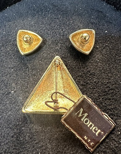 VTG Modernist ENAMEL MONET BLACK CREAM GOLD BROOCH EARRINGS NWT 80s