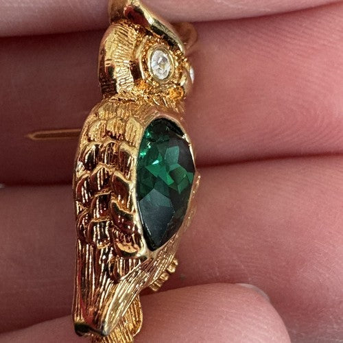 Avon Owl Brooch Pin Gold Tone Green Rhinestone Eyes May Birthstone Faux Emerald
