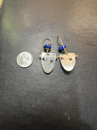 Marcia Q Miller~Lapis Lazuli, Stamped Pewter & Brass Earrings
