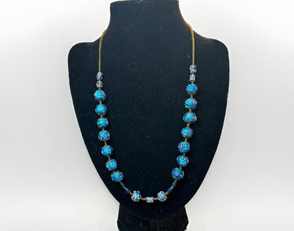 Antique Vintage Venetian Turquoise Blue Foil Glass Wedding Cake Bead Necklace