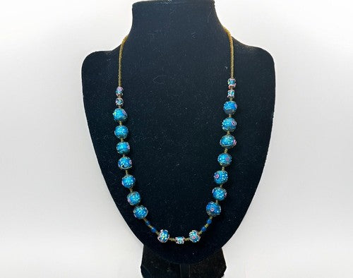 Antique Vintage Venetian Turquoise Blue Foil Glass Wedding Cake Bead Necklace