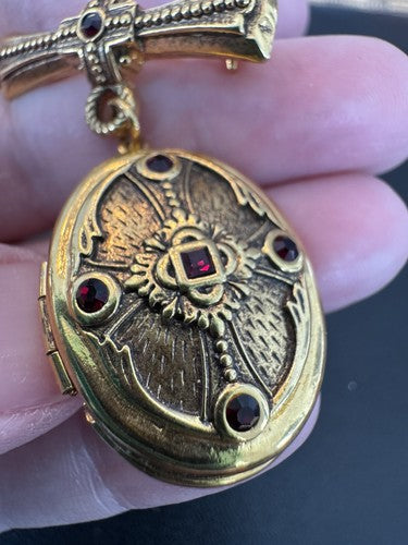 The Vatican Library Collection Gold Bar Locket Dangle Brooch Pin Red Crystals