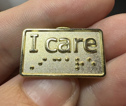 I Care in Braille Lapel Pin Gold Color Metal 