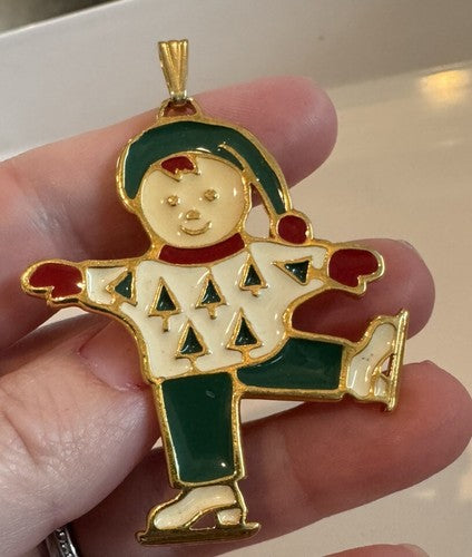 VTG Wallace Silversmiths Ice Skating Boy Child Enamel Christmas Ornament Skater