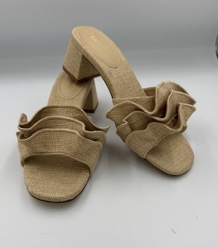 Larroude Brigitte Ruffle Mule Size 7 Beige Raffia Block Heel Sandal Brigite