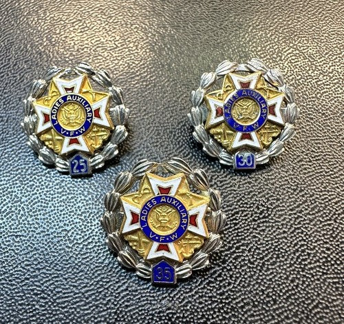 Vintage VFW Ladies Auxiliary 25 30 35-Yr Lapel Pin Lot 10K GF Sterling Silver