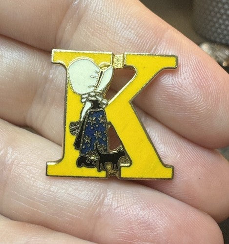 Vintage Holly Hobbie Initial K Letter Gold Tone and Enamel Brooch Pin RARE