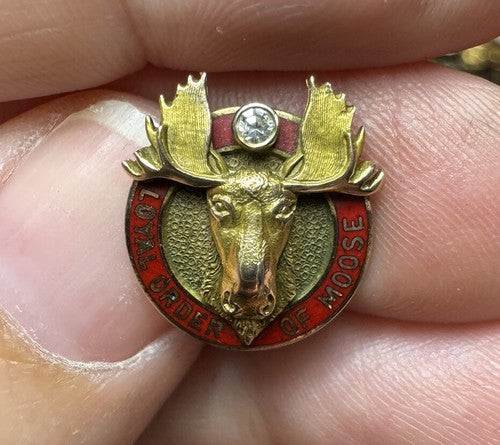 Antique 10k Yellow Gold LOYAL ORDER OF MOOSE PIN Gordon Miller Diamond Detail