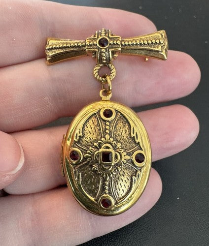 The Vatican Library Collection Gold Bar Locket Dangle Brooch Pin Red Crystals