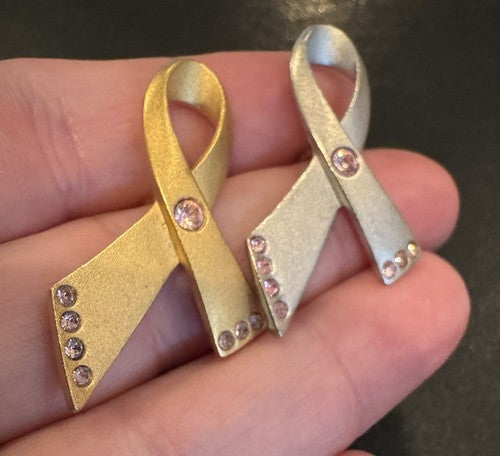 Avon Signed Pink Rhinestone Gold and Silver Tone Breast Cancer Ribbon Lapel Pin