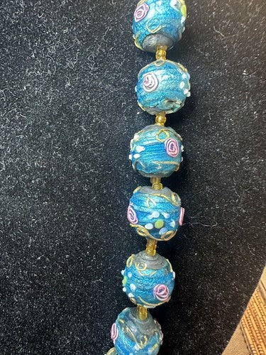 Antique Vintage Venetian Turquoise Blue Foil Glass Wedding Cake Bead Necklace