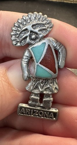 KACHINA PIN ARIZONA TURQUOISE CORAL SILVER METAL PIN Brooch Pewter