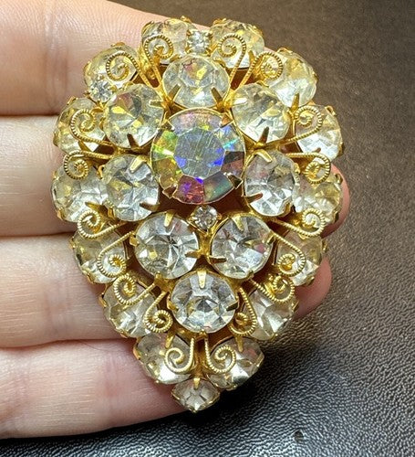 VINTAGE JULIANA DELIZZA & ELSTER AURORA BOREALIS FILIGREE BROOCH EUC GOLD TONE