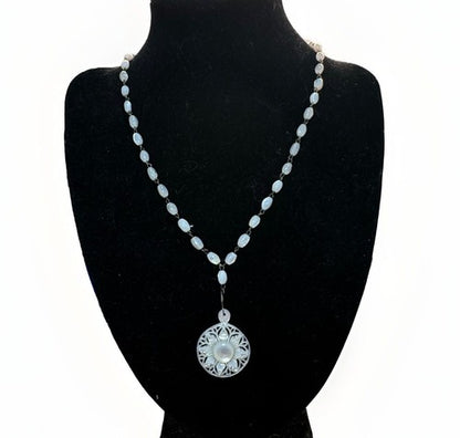 Vintage Carved Mother of Pearl Star Necklace Bethlehem 19” 2.5” Drop