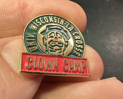 Vintage CLOWN CAMP Pin Badge University of Wisconsin-La Crosse RARE