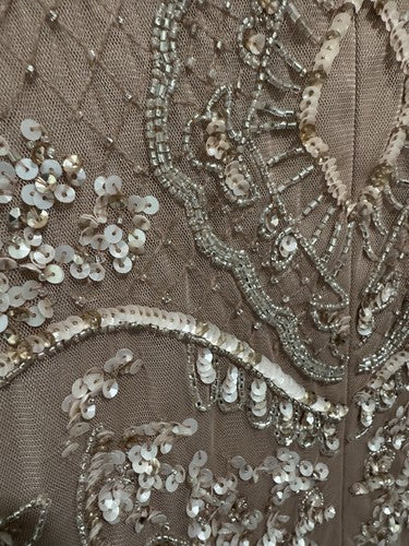 Pisarro Nights Beaded Mesh Midi Gown Beaded Sequin Beige Dress Size 10