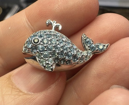 Swarovski (Signed) Silver Encrusted With Blue Crystals Whale Lapel Pin/Tie Tac