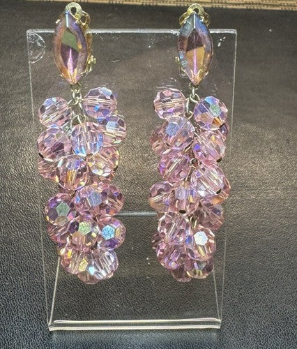 Lewis Segal Vintage Earrings Chandelier Pink Aurora Borealis Statement Clip On