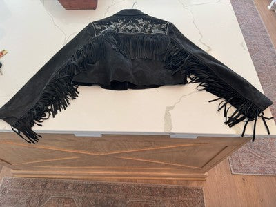 AllSaints Corinna Embellished Fringe Black Suede Cropped Jacket Sz 10 $829