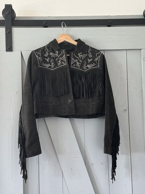 AllSaints Corinna Embellished Fringe Black Suede Cropped Jacket Sz 10 $829
