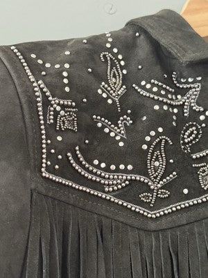 AllSaints Corinna Embellished Fringe Black Suede Cropped Jacket Sz 10 $829