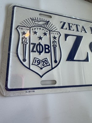 Vtg New Old Stock Zeta Phi Beta Sorority License Plate White Blue  Sorority