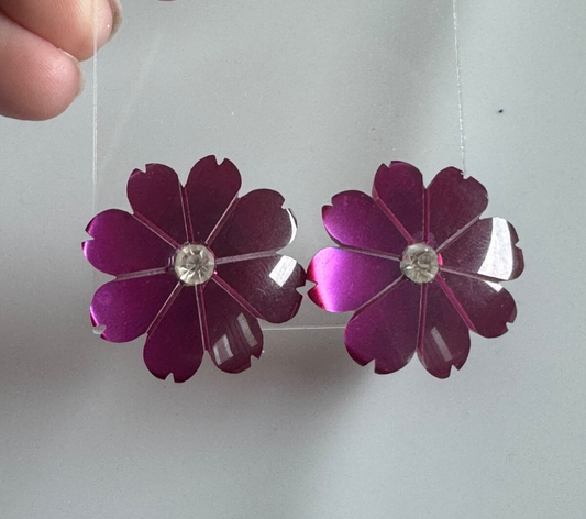 Retro Purple Lucite Flower Clip-On Earrings – Metallic Petal Design Thermoset?