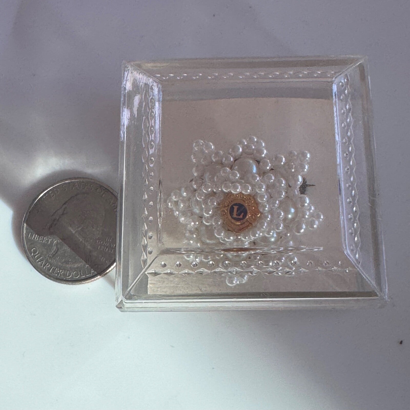 Vtg Unique Lions Club Pearl 3-D Flower Shaped Pin Brooch New in Box