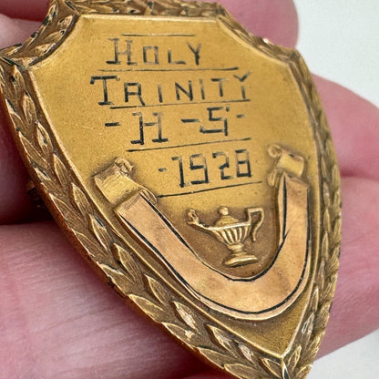 1928 Holy Trinity High School Gold Filled Shield Award Pin Brooch Engraved