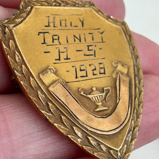 1928 Holy Trinity High School Gold Filled Shield Award Pin Brooch Engraved