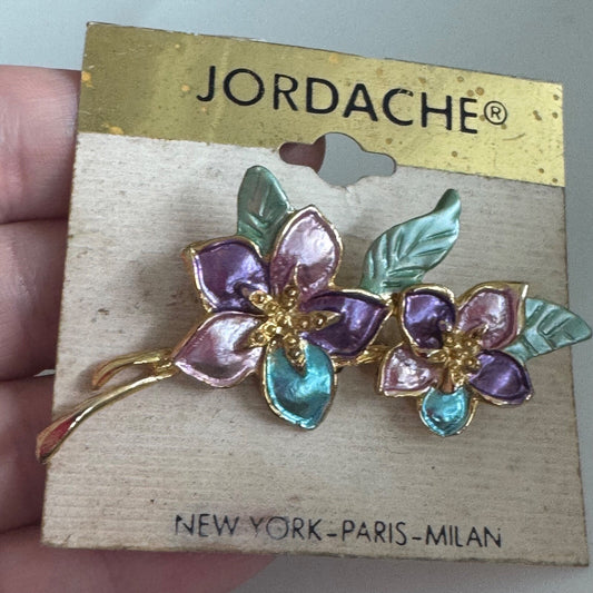 Vintage NOS Jordache Flower Brooch Enamel Gold Tone Flowers Pin Pastels