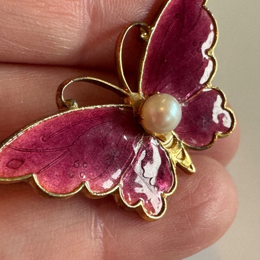 Gorgeous Pink Mauve Enamel and Pearl Butterfly Brooch Duette Pin