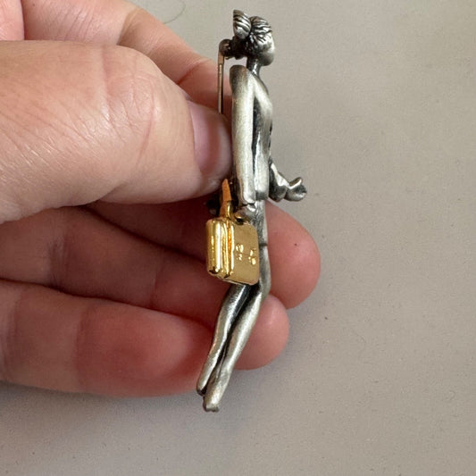 Vintage 1980s Business Woman Brooch Gold Tone Briefcase Pin Signed AAI